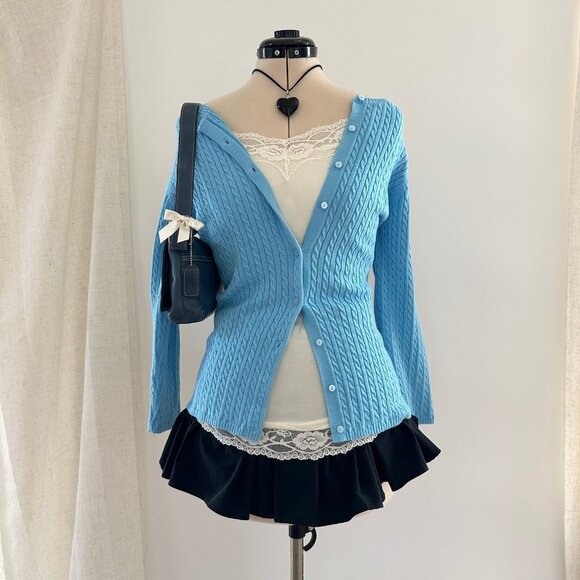 LL Bean Women Blue Cable Knit Cardigan Sweater Size Medium Preppy y2k 3/4 Sleeve - Picture 1 of 9